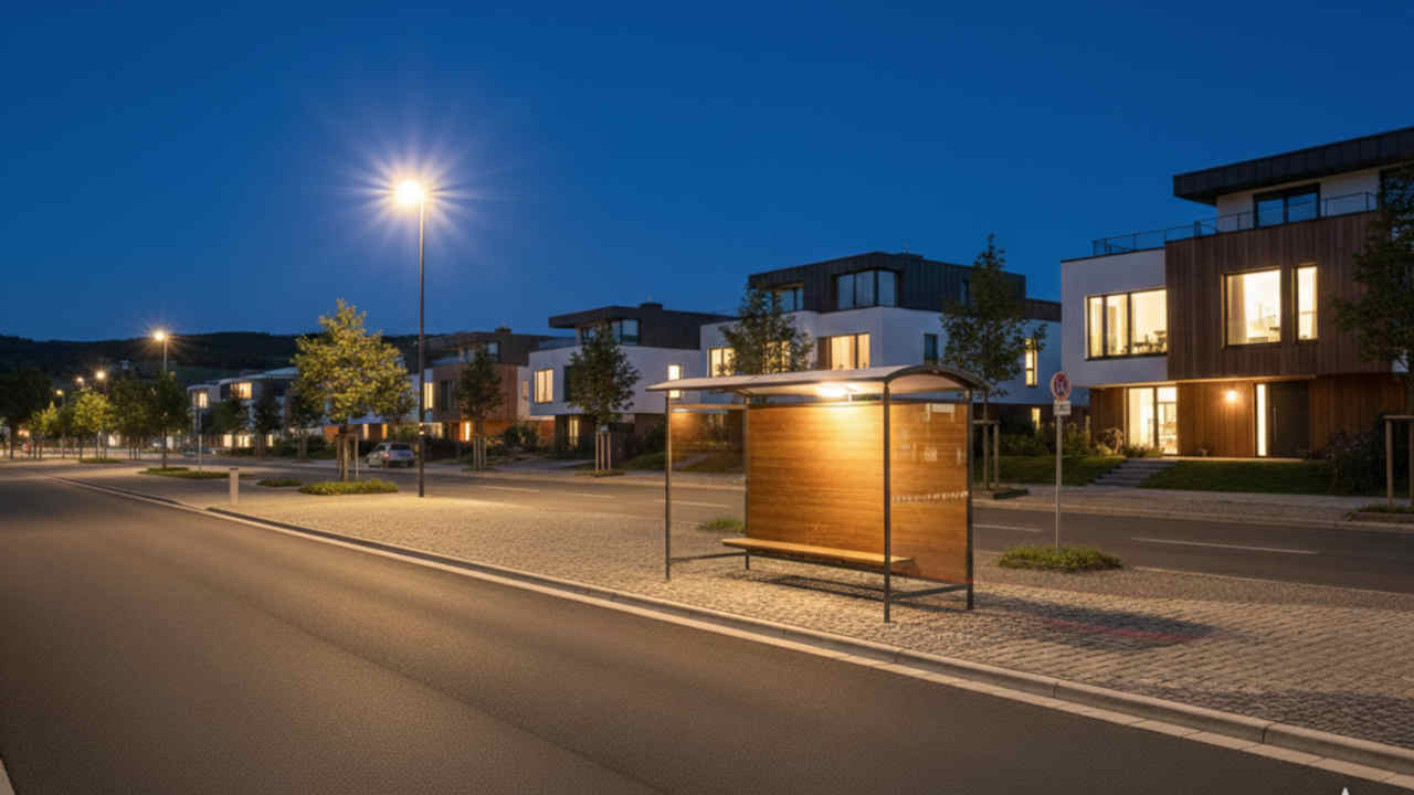 Autobusová zastávka s oblou střechou.Zadní stěnou ze dřeva, boky ze skla s lavičkou a osvětlením